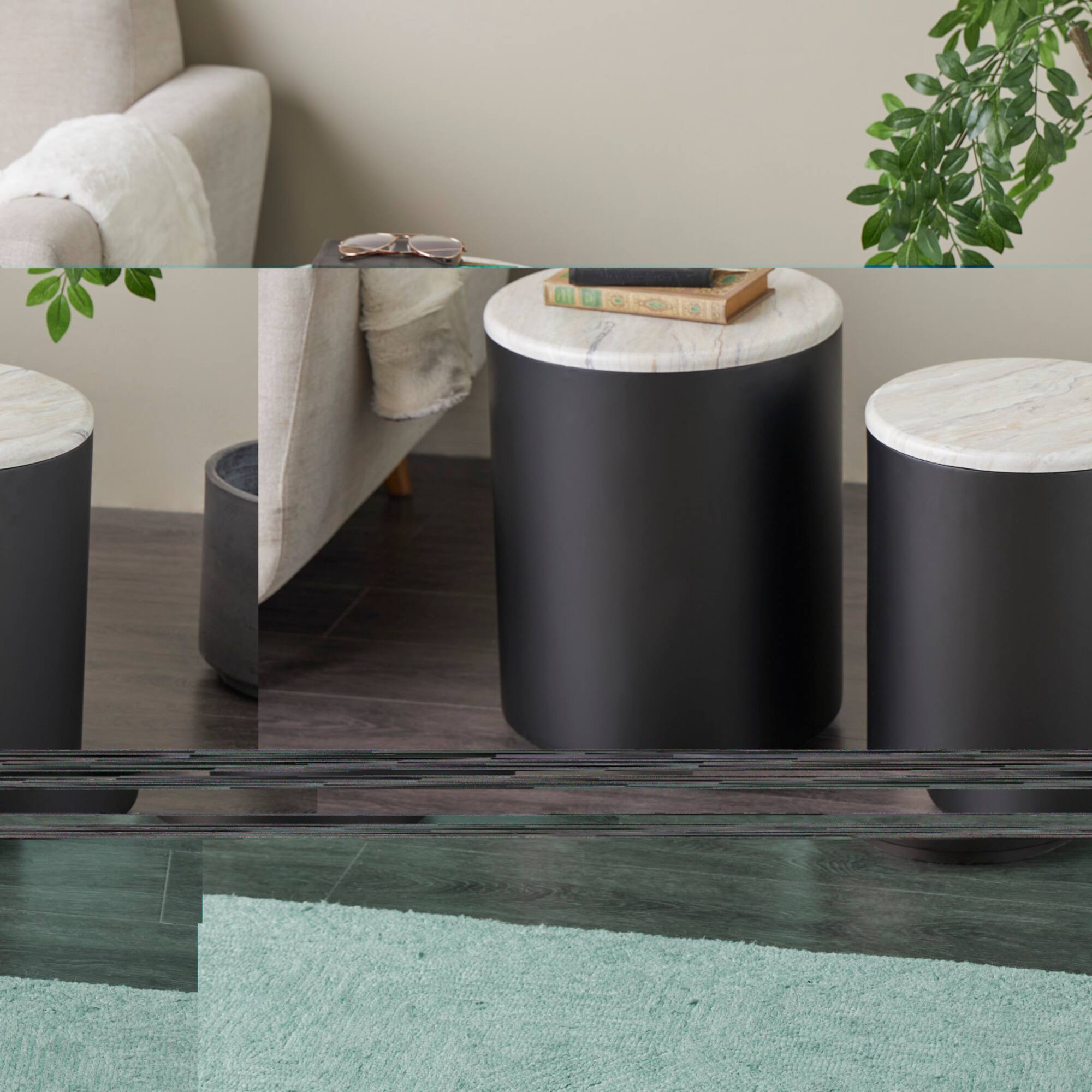 Black Metal Nesting Accent Table with Faux White Marble Top Set